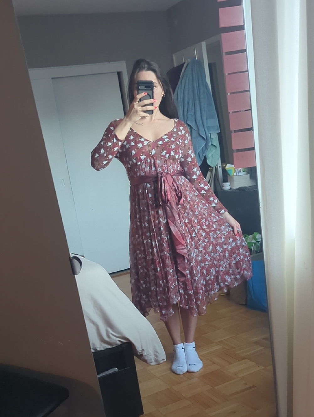 Stella McCartney Mauve Rust Floral Midi Dress with Tie Waist